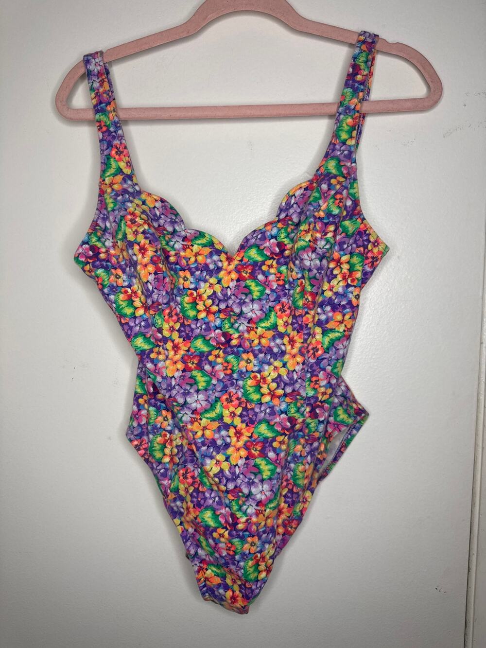 Vintage 80s Womens Vibrant Floral One Piece Swimsuit Bodysuit High Hip Cut